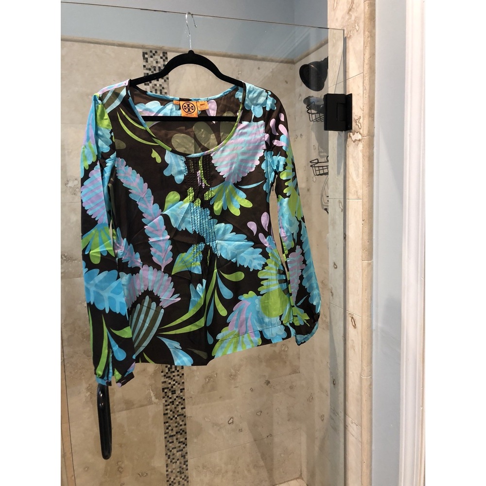 Tory Burch Blue Brown floral 100% silk long sleeved tunic blouse 2